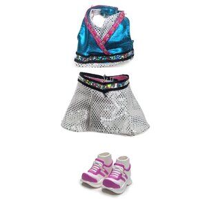 Barbie Pom Pom Divas 2006 Cheerleading Outfit Glitter Top Skirt & Sneakers Blue